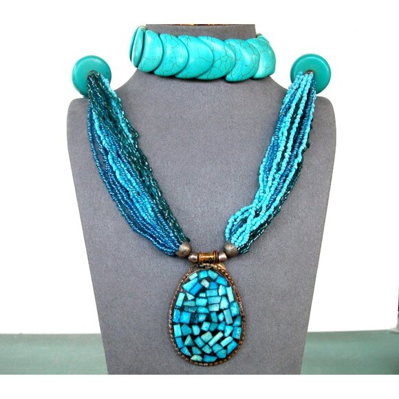 Turquoise Beaded Necklace & 2 Bracelet Set With Mosaic Pendant 26" - Picture 2 of 6